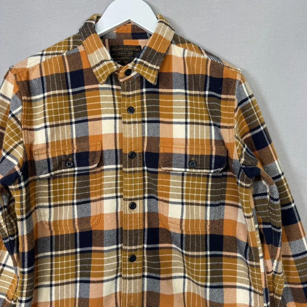 Filson Vintage Flannel Work Shirt Mens M Navy Cumin Plaid Thick Brushed Cotton